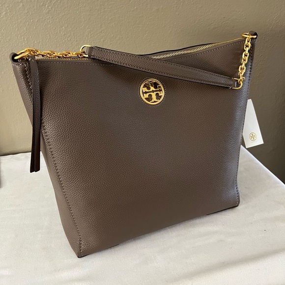 Tory Burch Carson Hobo Bag Silver Maple Pebbled Leather NWT Style 75421 - Picture 13 of 17